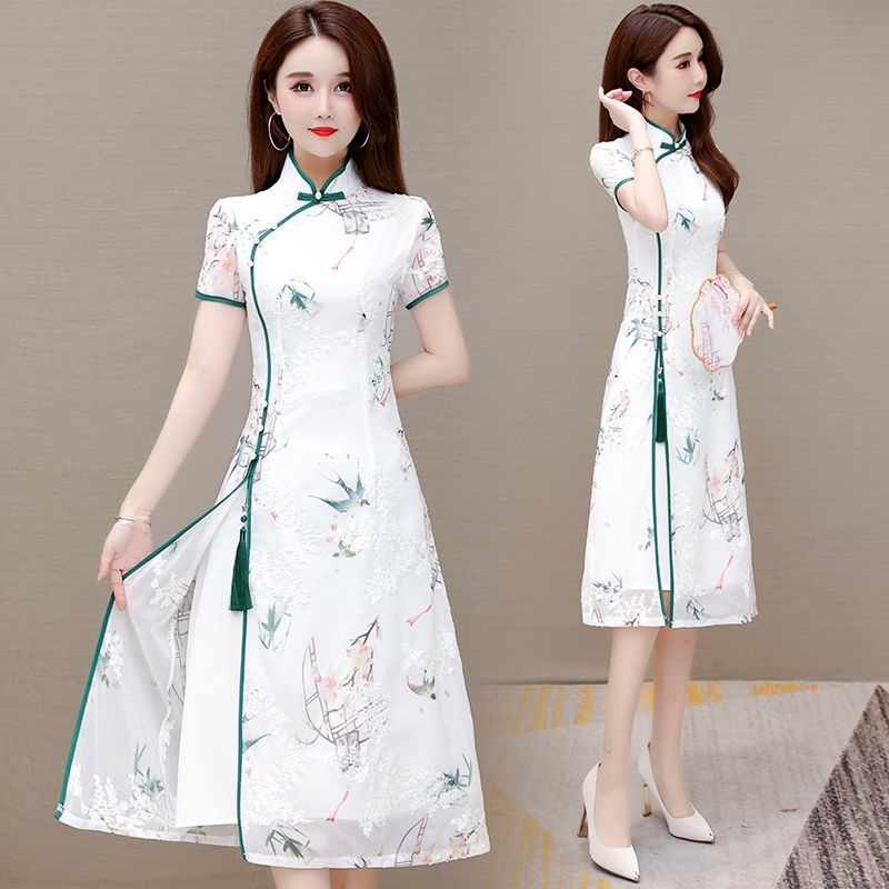 Improved cheongsam dress summer 2021 new summer women's wear large Chiffon mother's skirt is popular