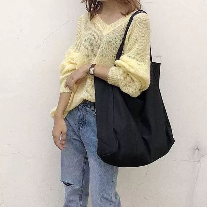 Nudie Bag Tas Besar Kanvas Tote Tas Wanita Polofelix Kapasitas Besar Belanja Sederhana Bahu Tas Warna Solid Tas Dapat Digunakan Kembali Designer Tote