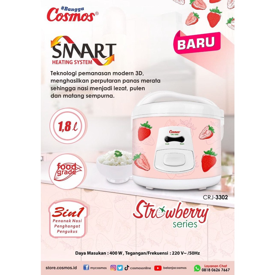 Magic Com Cosmos CRJ-3302 Rice Cooker Cosmos Strawberry Series 1.8 Liter CRJ3302