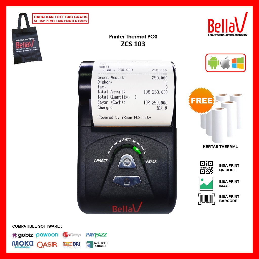 Printer Thermal Bluetooth Kasir BellaV ZCS 103 Support BRILink