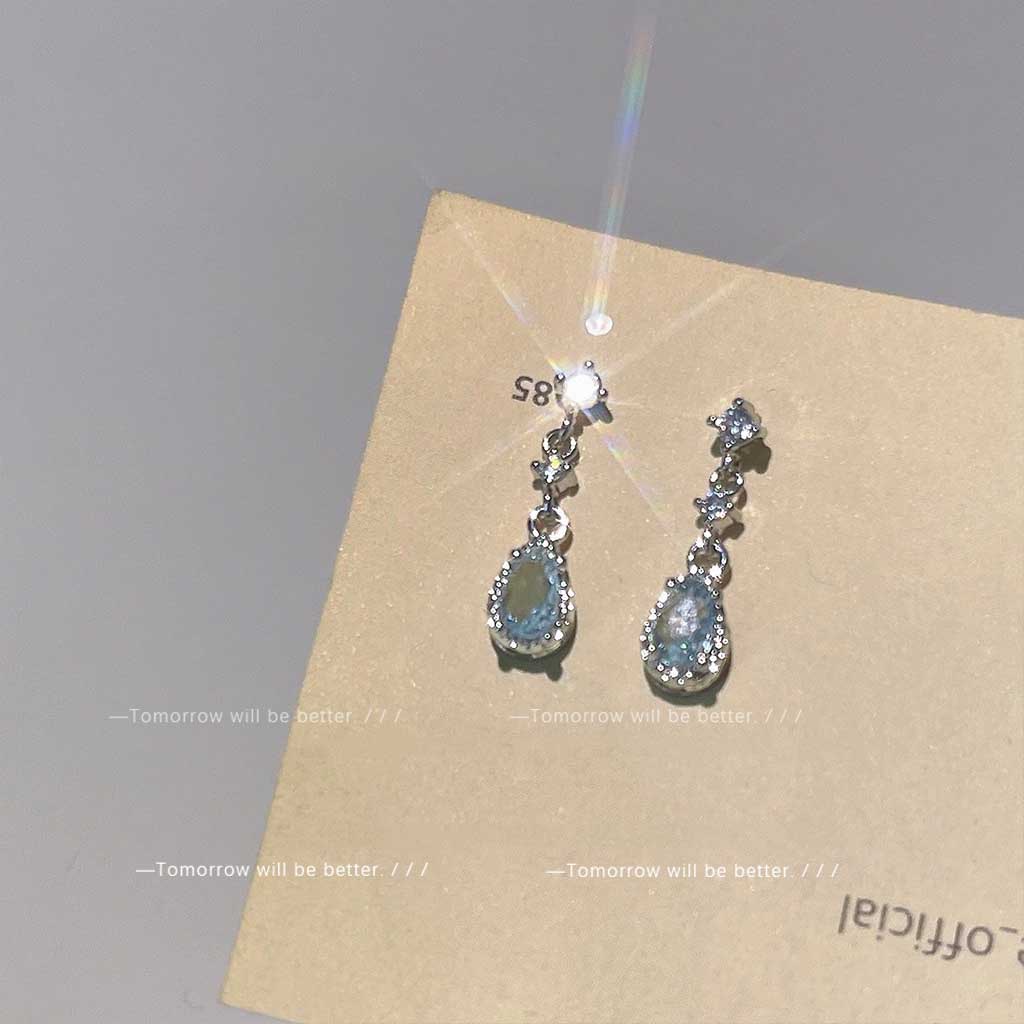 Anting Tusuk Gantung Bahan Sterling Silver 925 Hias Zircon Aquamarine Gaya Koreaelegan Untuk Wanita