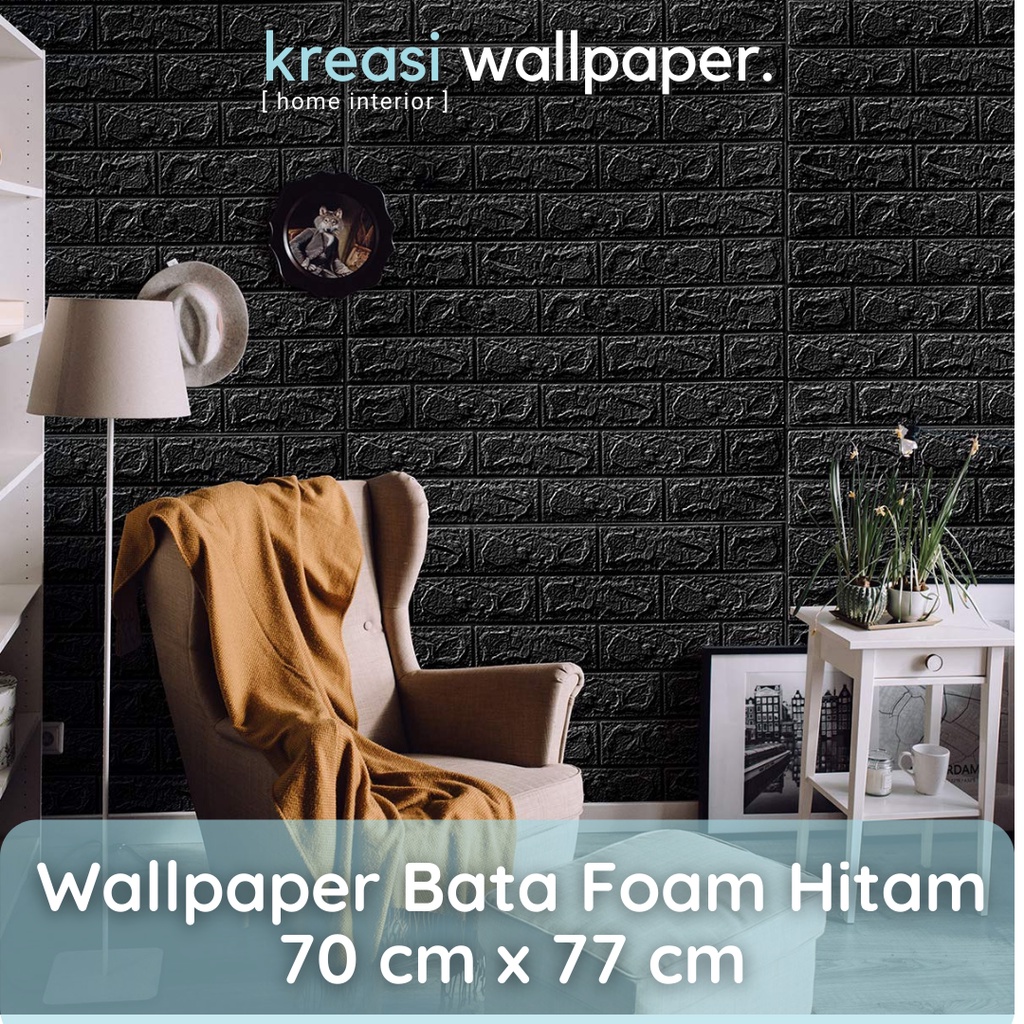 Wallpaper Dinding 3D Foam Bata Putih Sticker Premium TERMURAH | Walpaper Brick Stiker-Bata Hitam 3mm