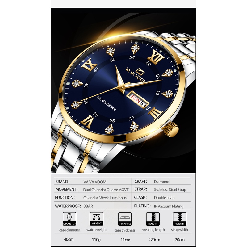 VAVA VOOM 2461 Jam Tangan Pria Anti Air Original Luxury Stainless Steel（Free BOX+Baterai cadangan）-8