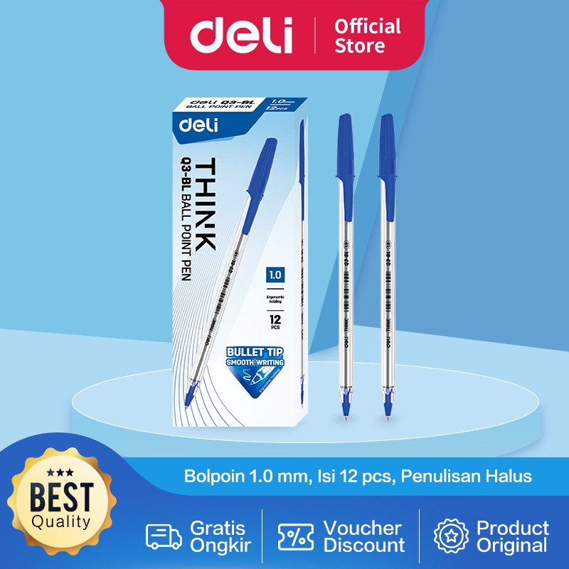 Deli Ballpoint Pen / Pulpen Bolpoin 1.0 mm Isi 12 pcs Penulisan Halus EQ3