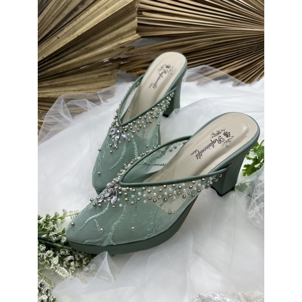 RafAiZoutfit sepatu wanita sepatu pesta wedding yohana sage green hells 9cm tahu