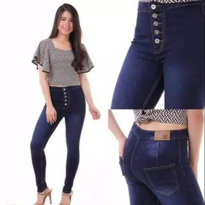 Highwaist Kancing 5 Jeans Wanita / Kancing 5 Button Big Size Jumbo 27-38