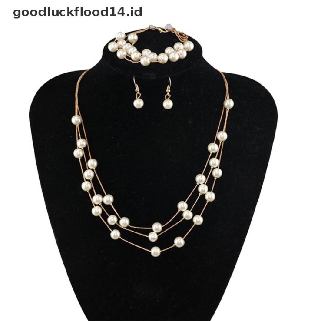 [OOID] Fashion Multilayer Pearl Necklace Earrings Bracelet Jewelry Set Wedding Bridal ID