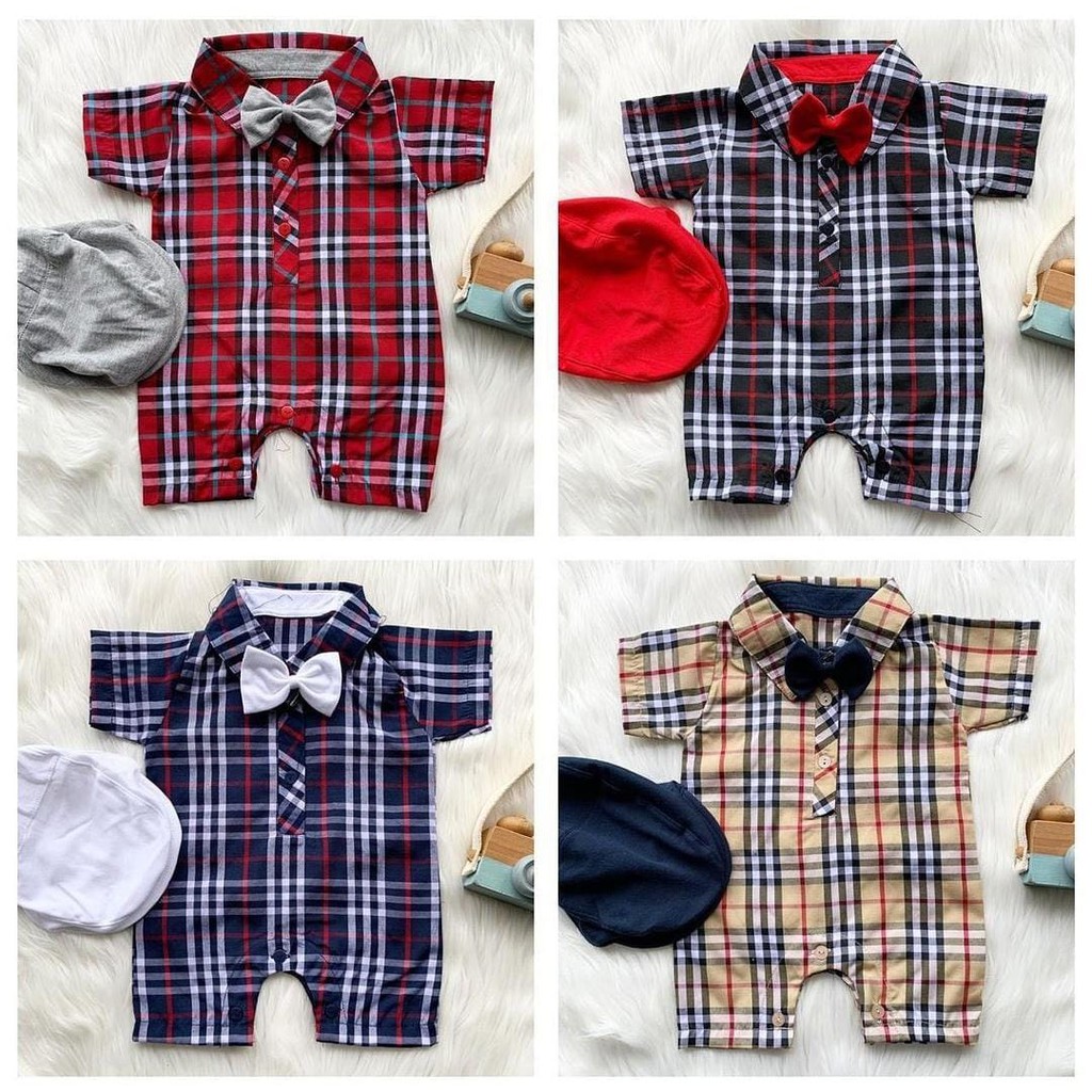 Baju setelan kemeja romper free topi dasi babyboy bayi lakilaki cowok lucu bahan lembut murah -bur