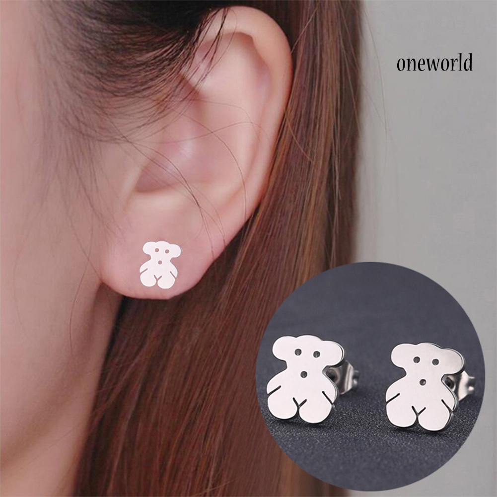 OW@ Women Cute Cartoon Mini Stainless Steel Bear Ear Stud Earrings Jewelry Gift