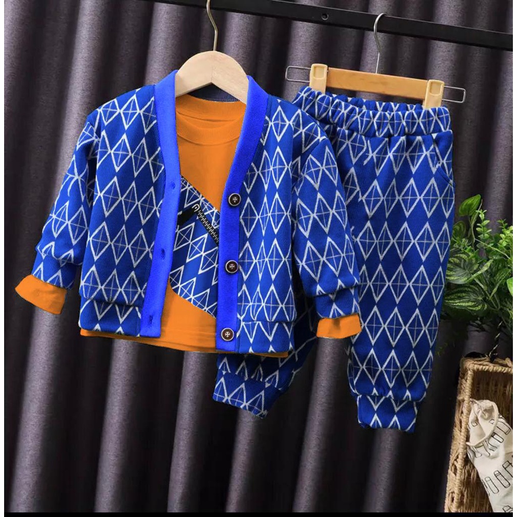 ZAHRA Setelan Anak Perempuan Blue 3 in 1 PREMIUM | Set Baju Anak Laki Laki Umur 1 - 6 Tahun