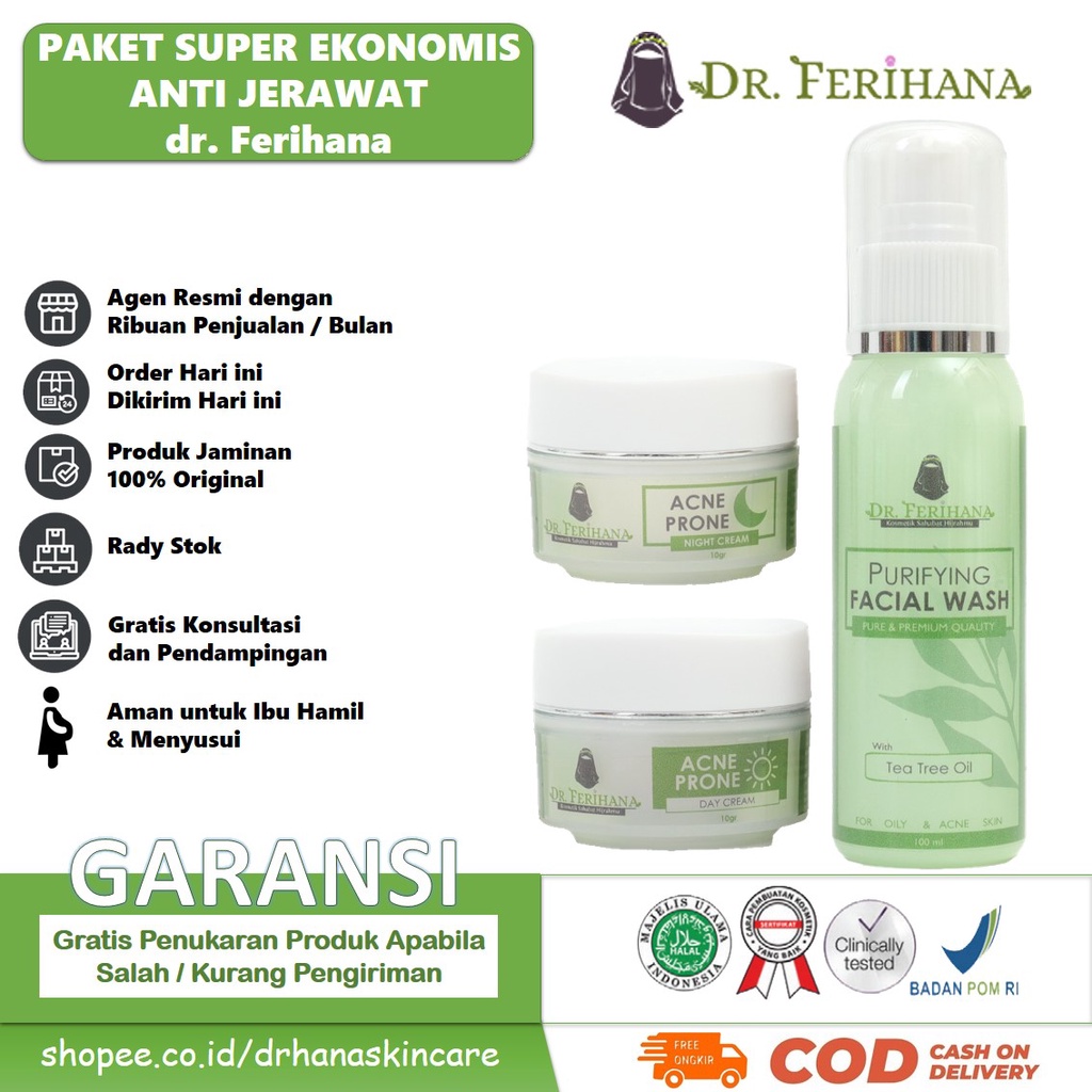 Paket Ekonomis Anti Jerawat dr. Ferihana Cosmetics &amp; Skincare Rangkaian Paket Perawatan Wajah untuk Kulit Berminyak Berjerawat Ringan Sedang sampai Meradang Bernanah BPOM LPPOM HALAL MUI