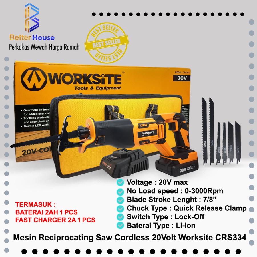 Mesin Gergaji Kayu Baterai Reciprocating Saw Cordless 20V Fulset 2Ah Cas 2A Worksite CRS334