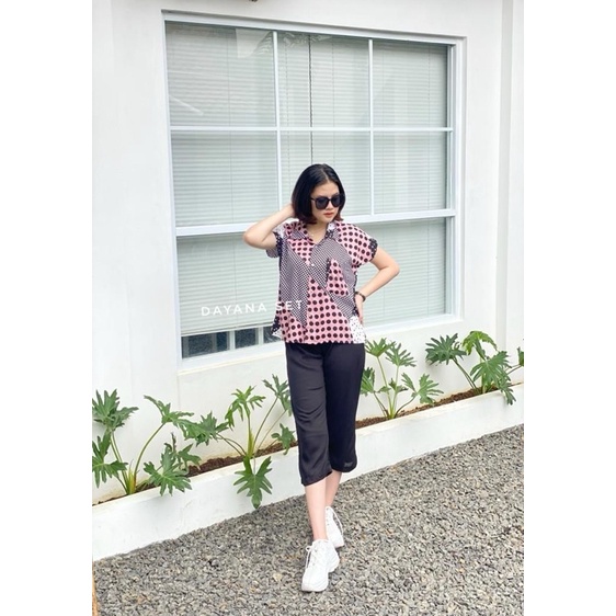 setelan celana 7/8 /dayana set/setelan atas motif bawah polos/COD-O
