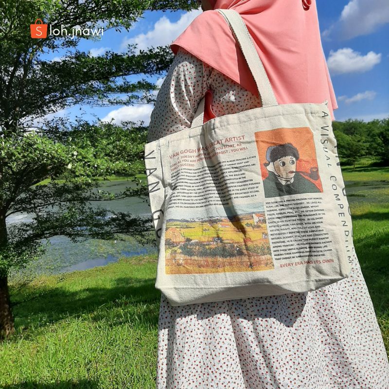 Korean Totebag Canvas Resleting Dan Saku Van Gogh Style Aesthetic Tebal Premium