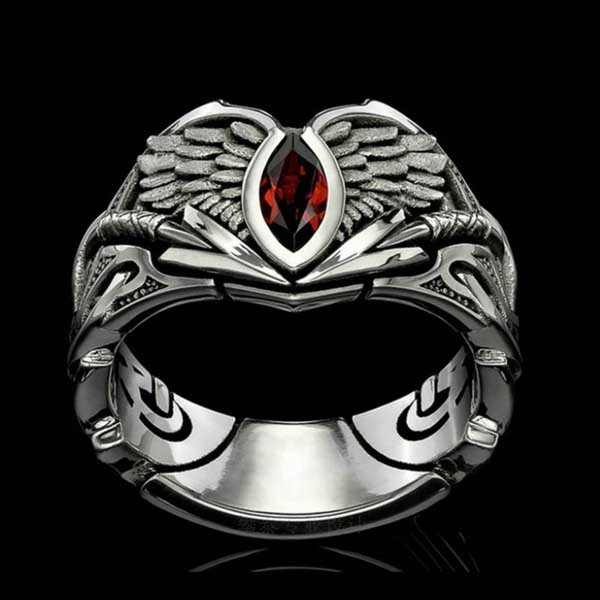 Cincin Sayap Malaikat Perak 925 Vintage Berlian Kristal Merah Rubi Pria Wanita Titanium Punk Fashion Perhiasan Rings