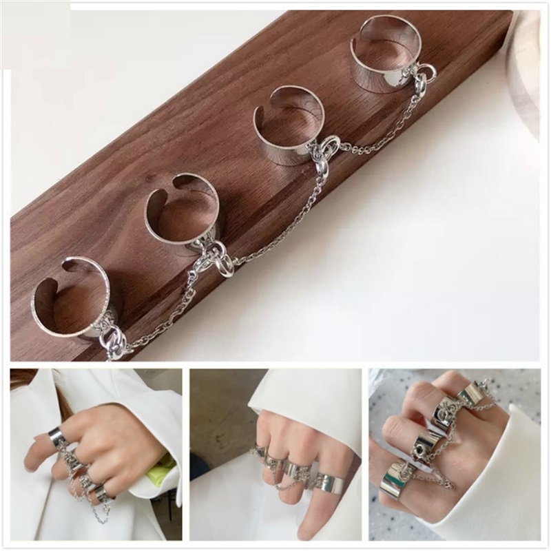 AZ151 Trendy fashion pundi dark one piece ring hip hop punk pria dan wanita keren dan tampan kombinasi rantai cincin terbuka