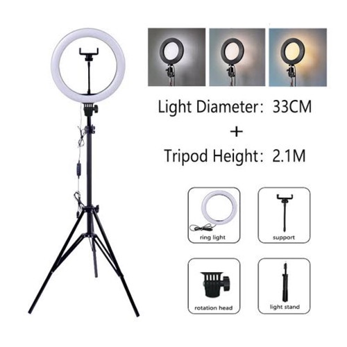 Paket Ringlight Ring Light 33cm + Light Stand Tripod 2M Led Lampu Make Up Selfie Vlogger Live