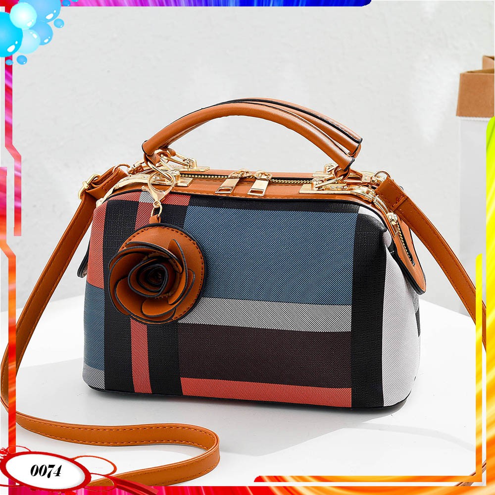 ZC0074 TAS DOCTOR BISA TENTENG MOTIF KOTAK FREE GANTUNGAN BUNGA TAS FASHION WANITA IMPORT BATAM