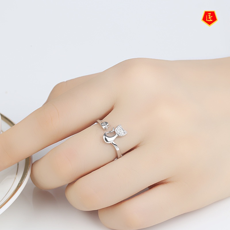 [Ready Stock]Cute Cat Animal Silver Ring Female Fashion Simple