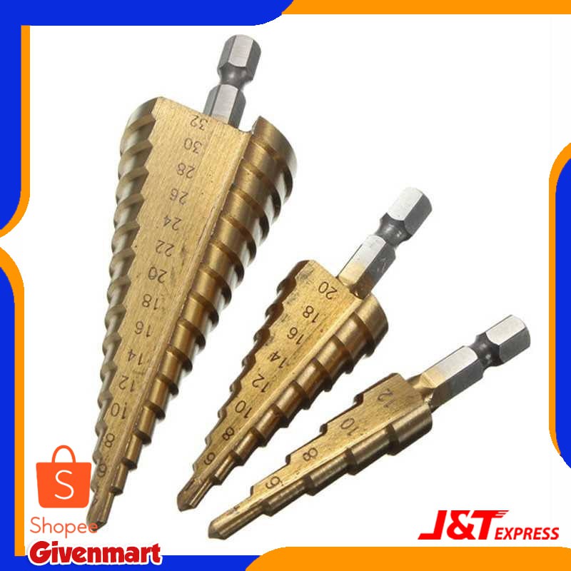 Mata Bor Spiral Titanium Coated 3PCS Bahan HSS Steel
