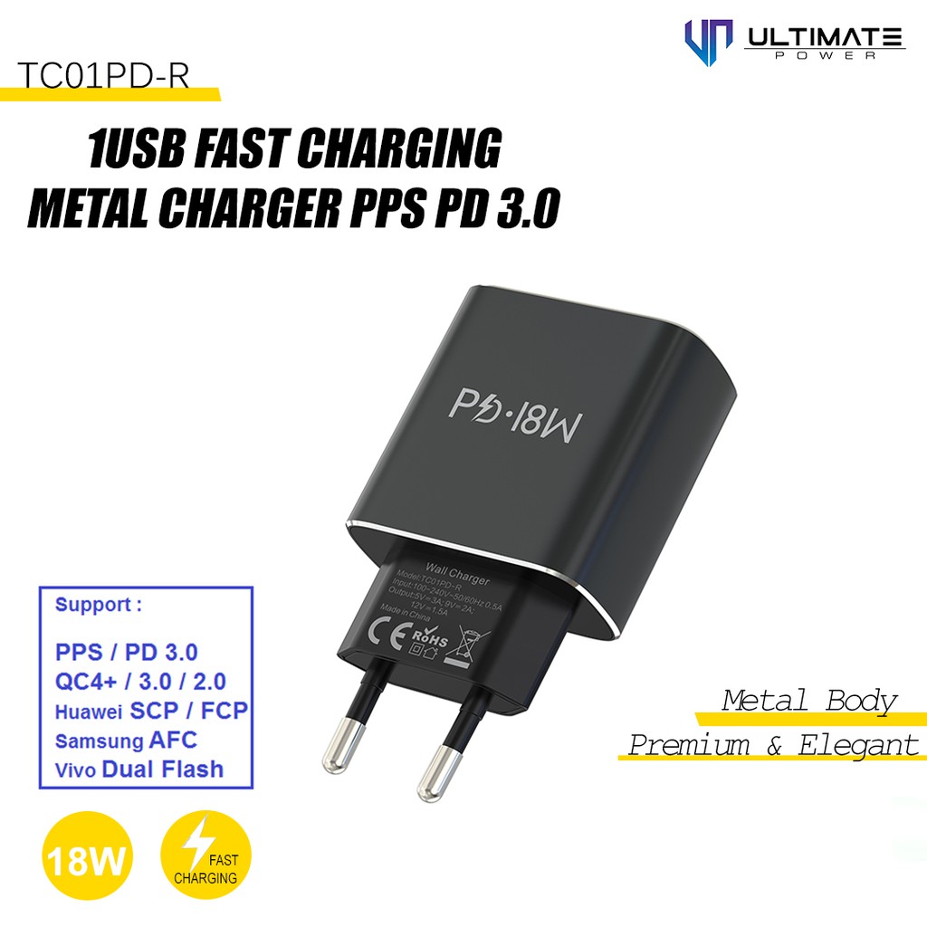 Adapter Charger PD 3.0 Fast Charging Ultimate Power TC01PD-R 1USB Fast Charging Metal Charger