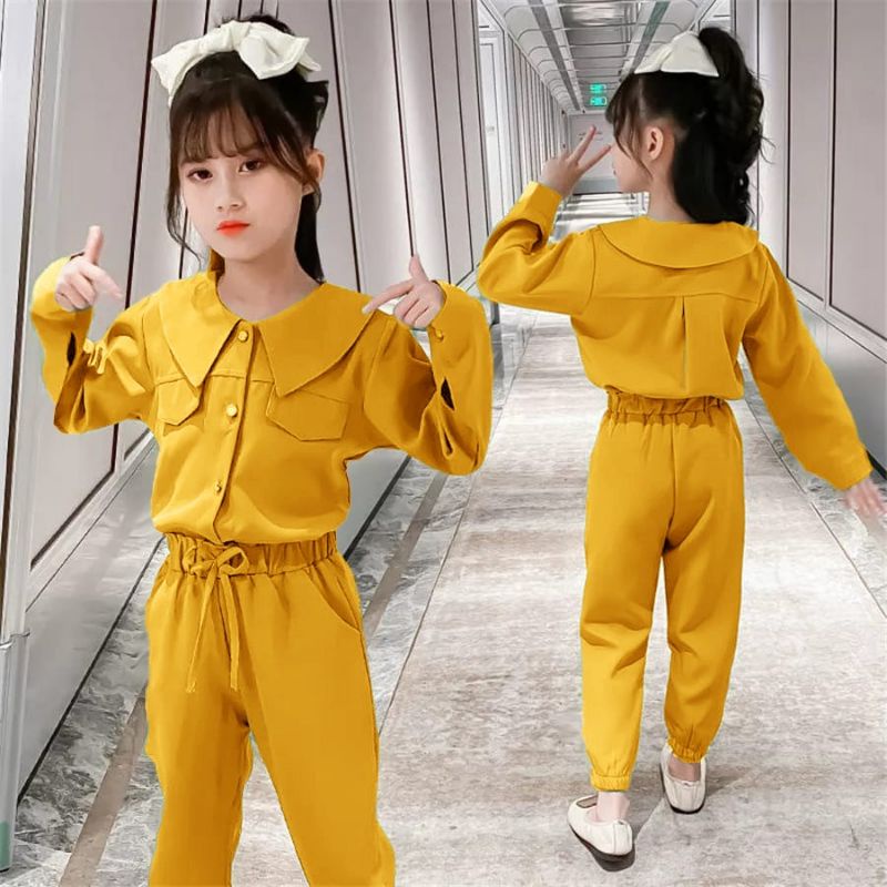 Stelan Kemeja Anak Perempuan Kekinian Lengan Panjang Celana Panjang/Set Jennie Kids 3-11 Tahun Matt Moscrepe