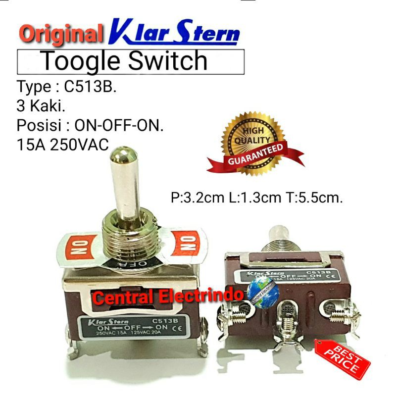 Toogle Switch KlarStern C513B 3kaki ON-OFF-ON.