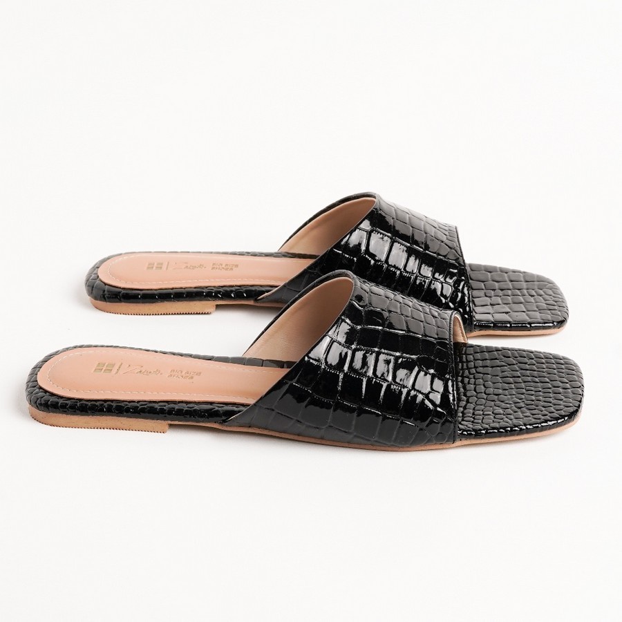 AURRA BIG SIZE sandal wanita ukuran jumbo besar 41 42 43 44 45 sandal flat cewe big size sendal teplek casual santai kulit hitam croco