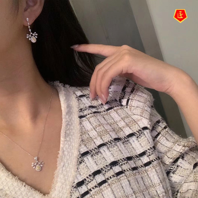 [Ready Stock]INS Fashion Luxury New Yellow Diamond Ear Stud Necklace Suit
