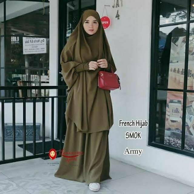 French Khimar Set Gamis Lengan Pendek / French Khimar Smoke / Bahan Cringkel Cey Air Flow / MTA dan 