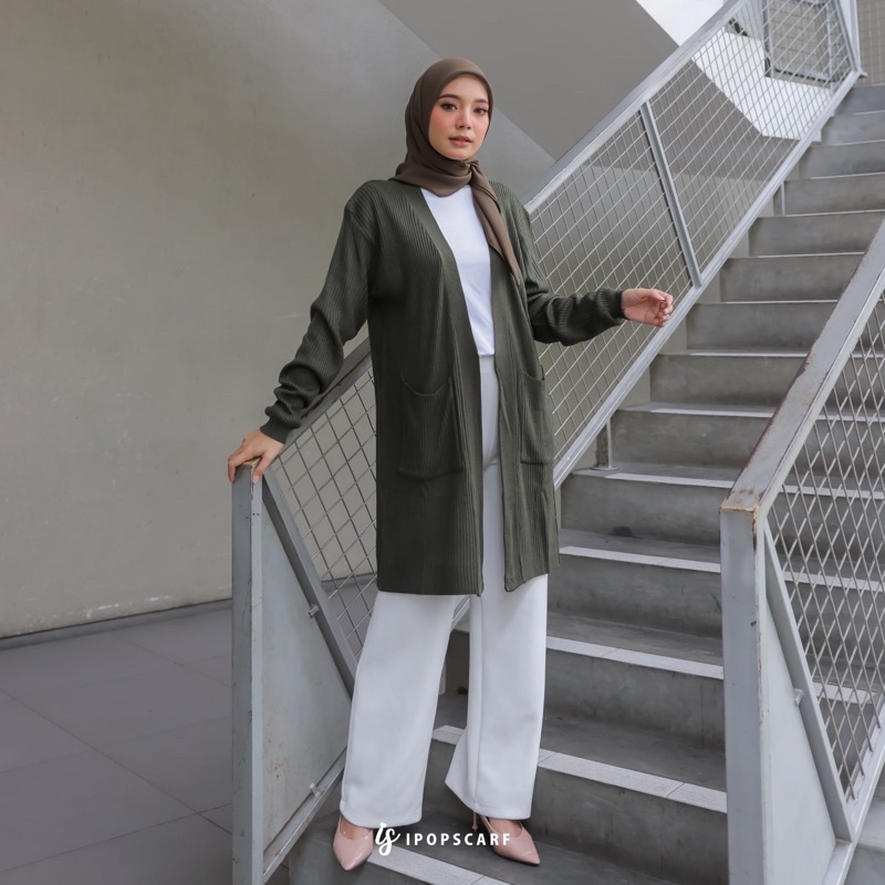 LUMA LONG CARDI | cardigan rajut panjang, soft knit cardigan-ARMY