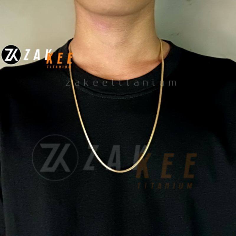 Kalung Titanium Emas Pria Wanita Belut Pipih Gepeng Mas Gold Cowok Cewek Anti Karat Panjang 45cm 50cm 60cm