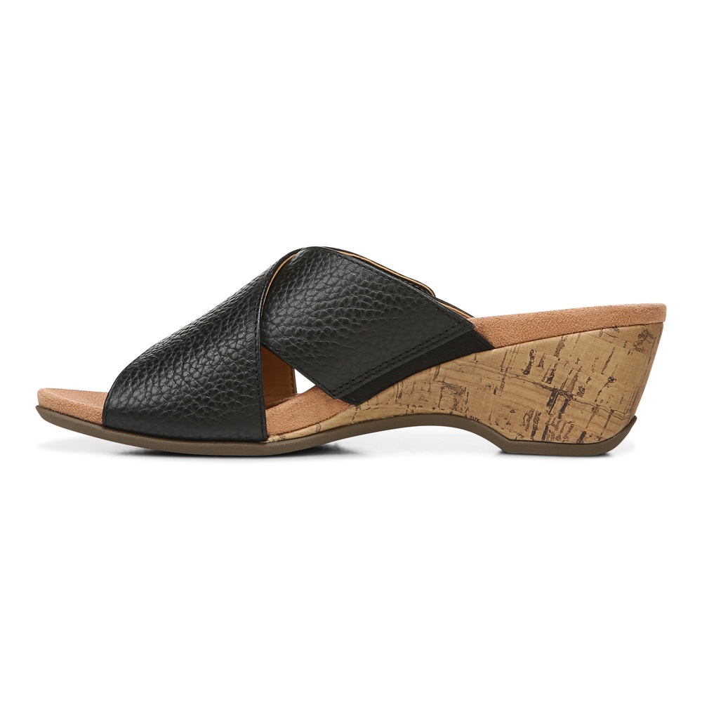 Vionic Leticia Leather Black Wedges Wanita