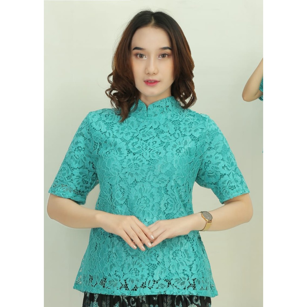 atasan kebaya brokat lengan pendek model kerah sanghai warna tosca