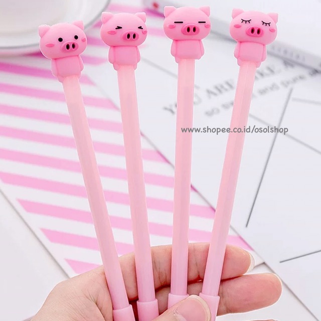 1 LUSIN Pulpen binatang babi pink / piggy pig gel pen / bolpen lucu unik murah souvenir