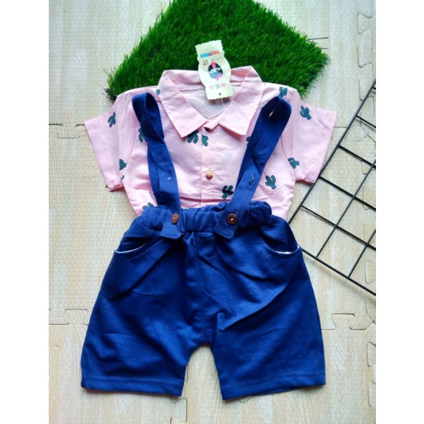 SETELAN KEMEJA ANAK LAKI LAKI IMPORT 0-4 TAHUN SUSPENDER FREE DASI MOTIF KAKTUS / SETELAN KEMEJA SUSPENDER ANAK COWOK IMPORT 0-4 TAHUN