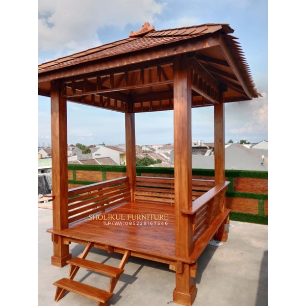 Suang Gazebo Jati 2m x 2m atap sirap kayu ulin