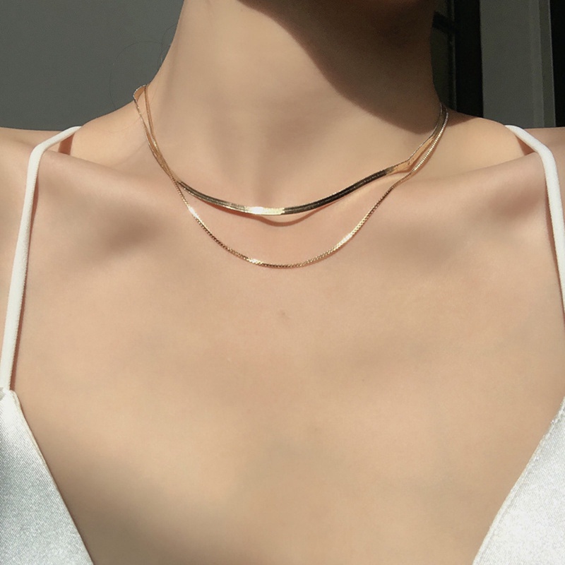 Kalung Rantai Model Tulang Ular Double Layer Bahan Baja Warna Emas