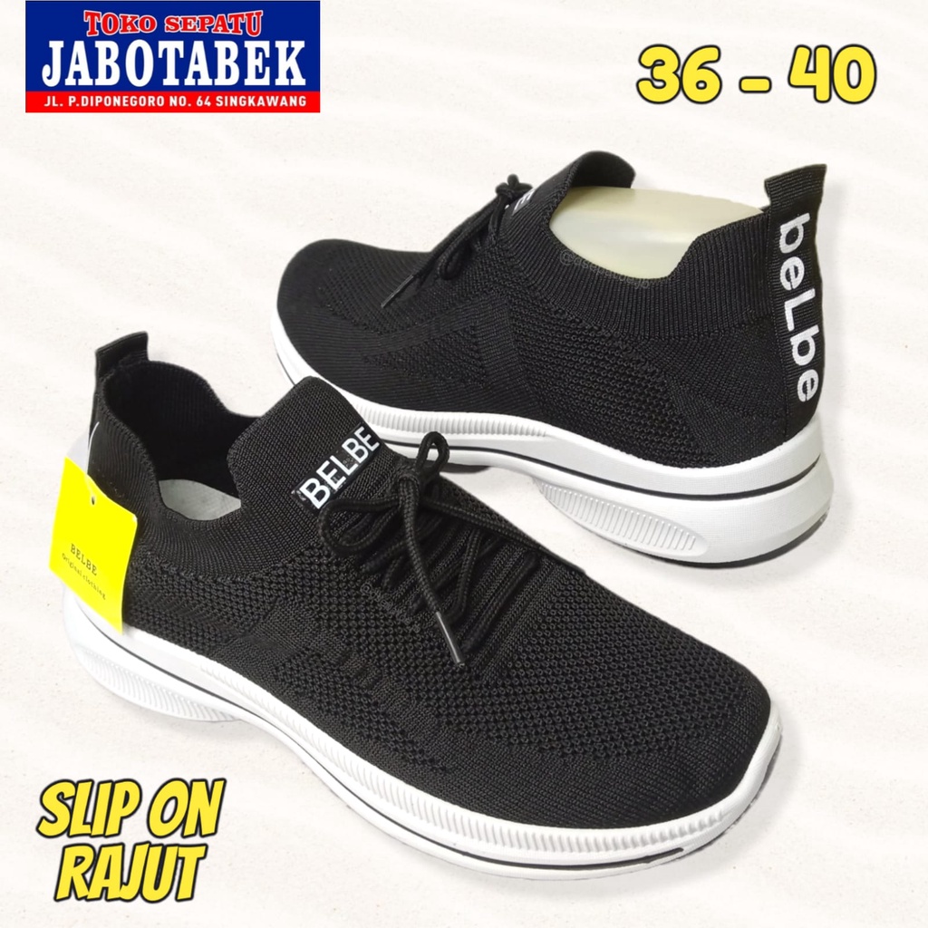 {COD] Sepatu casual slip on rajut BELBE size 36-40 polos simple hitam putih cewek cowok unisex teple