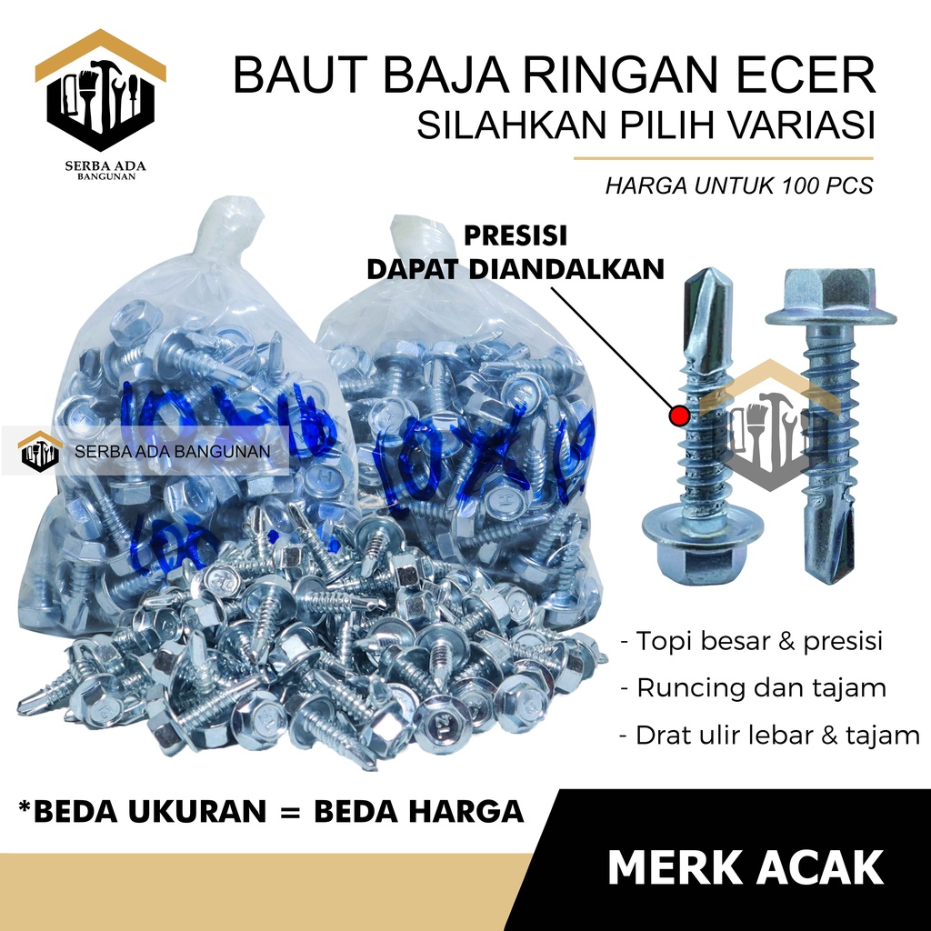 Baut baja ringan l baut Skrup Baja Ringan 10x16 10x19 Harga Termurah- 100pcs