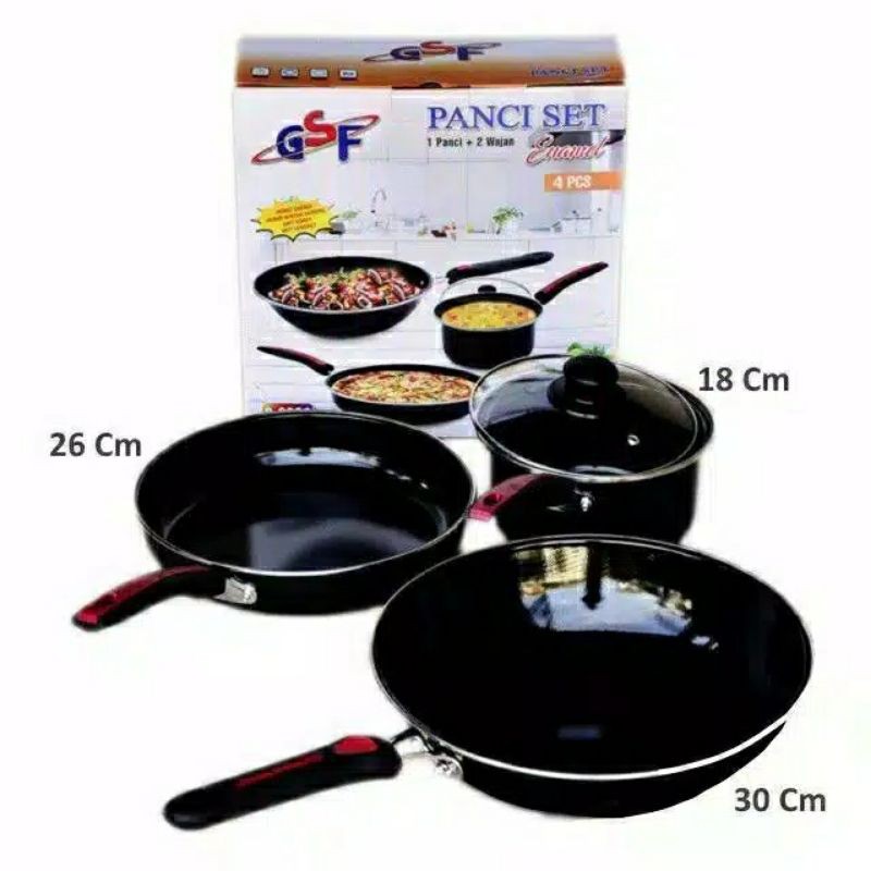 Panci ,  2630 ,  Panci Set Enamel   , Frypan Tutup kaca Wajan Wok Dan Saucepan