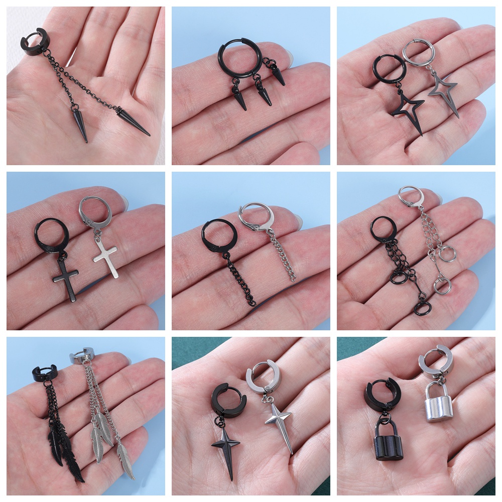 6pcs / lot Anting Hoop Rantai Rumbai Panjang Desain Tengkorak Salib Bahan Stainless Steel Gaya Punk Korea