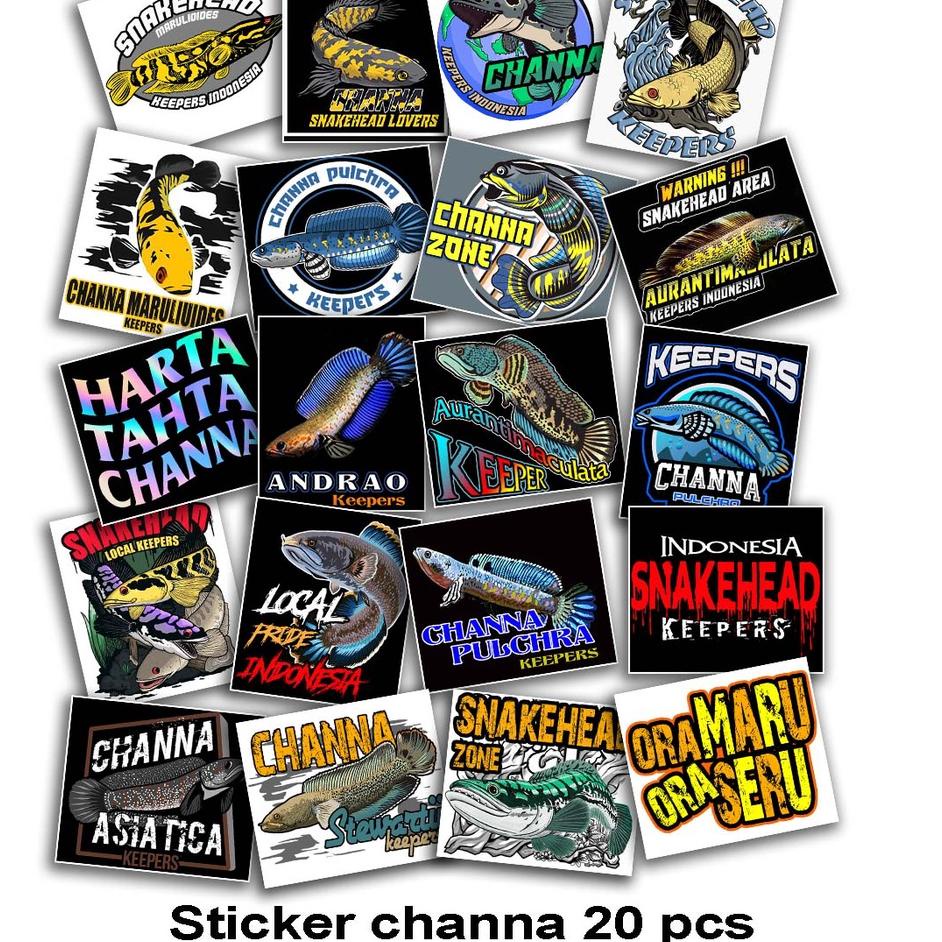 (eamt -844) stiker ikan predator channa isi 20 buah sticker chana setikar snakehead bogo auranti mar