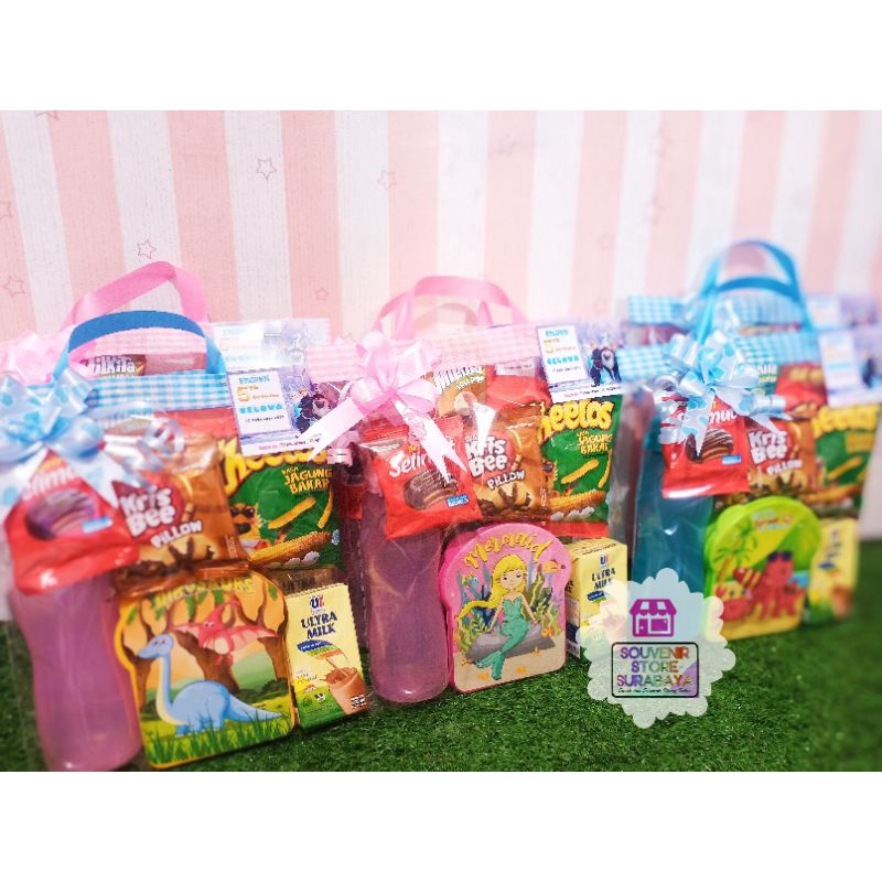 Souvenir Kotak Makan Botol / Snack Souvenir Ulang tahun / Bingkisan Souvenir Snack / Set Luncbox