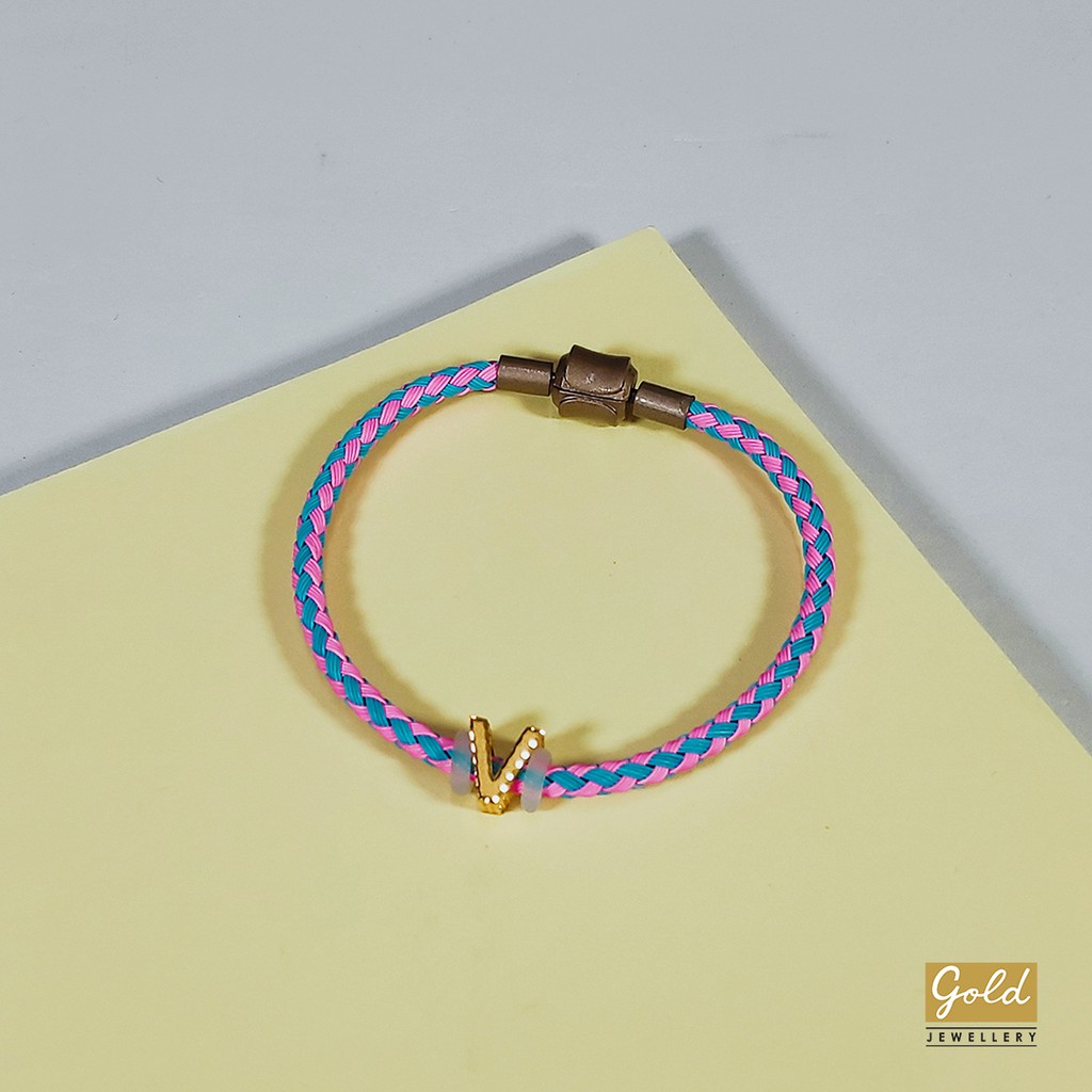 Gelang tali emas kuning 700 16k charm inisial alphabet huruf V bsr