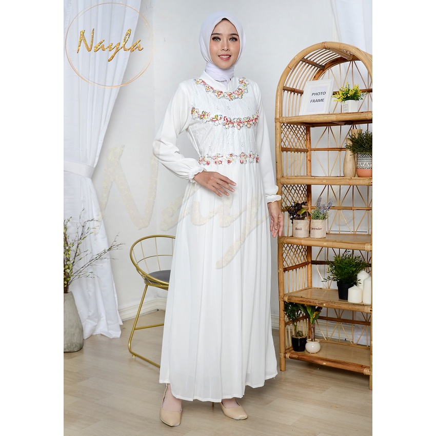 NAYLA Baju Gamis Putih Wanita Gamis Plisket Gamis Pesta Busana Muslim Brukat Lebaran Umroh Terbaru 1524