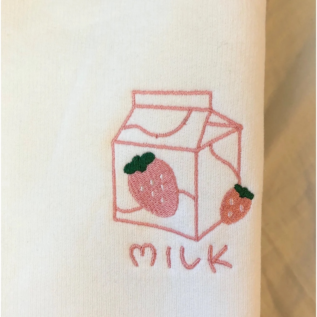 Crewneck Strawberry Milk Box Embroidery Kawaii Cute Premium Unisex