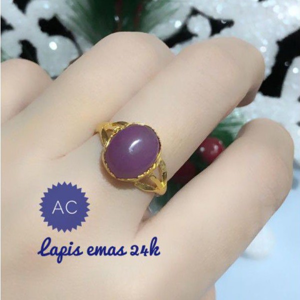 (AGS) Set Perhiasan Lapis Emas 24 Karat Xuping Cincin Batu Permata Giok Rubi Ungu Gold Titanium