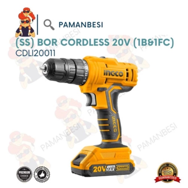 mesin bor cordless drill bor baterai 20v bor besi kayu ingco cdli20011