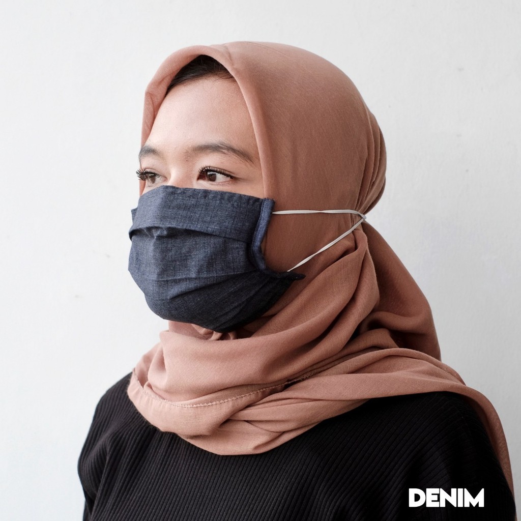 Masker Kain Hijab Polos Headloop Tali Karet 1ply Hitam Denim Shopee Indonesia